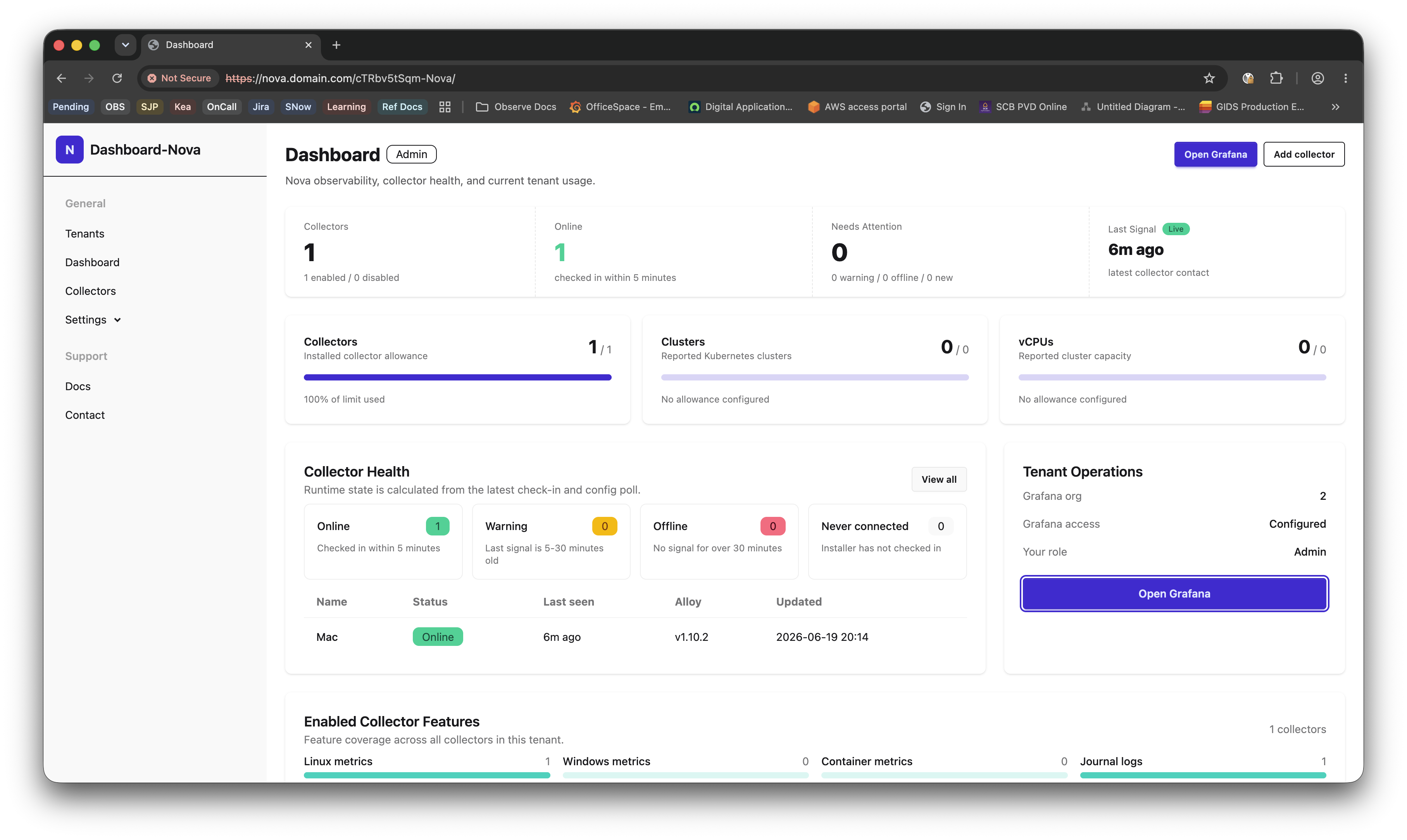 Nova control plane dashboard showing collector status and usage